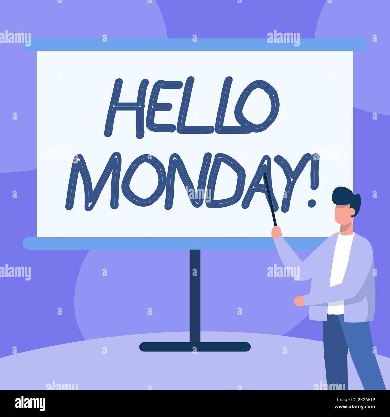 Inspiration mit Schild „Hello Monday“. Geschäftskonzept Begrüßung positive Nachricht für einen neuen Tag Woche Beginn der Woche Lehrer in Jacke Zeichnen Stehstock am Whiteboard. Stockfoto