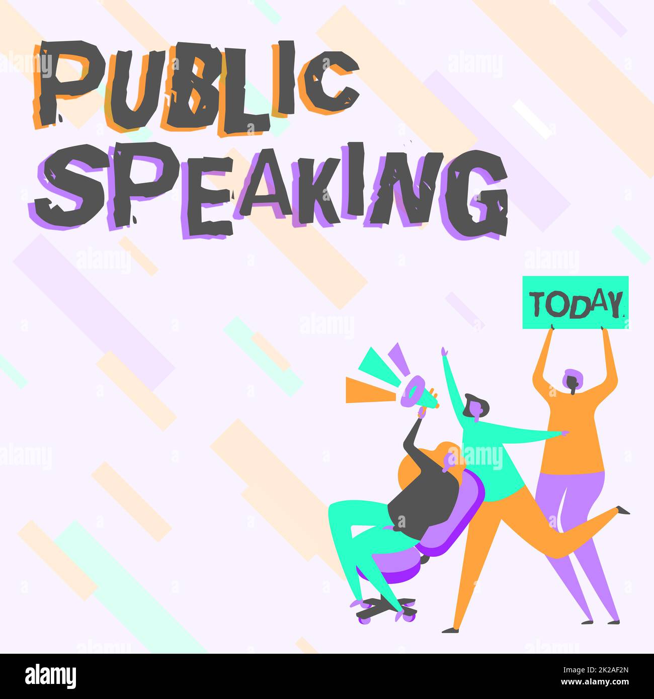 Textzeichen mit der Meldung „Public Speech“. Das Wort für das Sprechen zeigt die Bühne in der Fachkonferenz Präsentation eine Zeichnerin, die ein Megafon hält und eine Ankündigung macht. Stockfoto