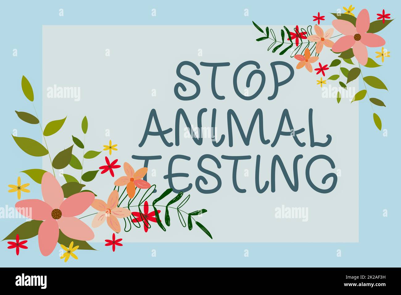 Textunterschrift mit Stop Animal Testing. Konzeptionelles fotowissenschaftliches Experiment, bei dem lebende Tiere zwangsweise Textrahmen umgeben von verschiedenen Blumen, Herzen und Blättern durchlaufen. Stockfoto