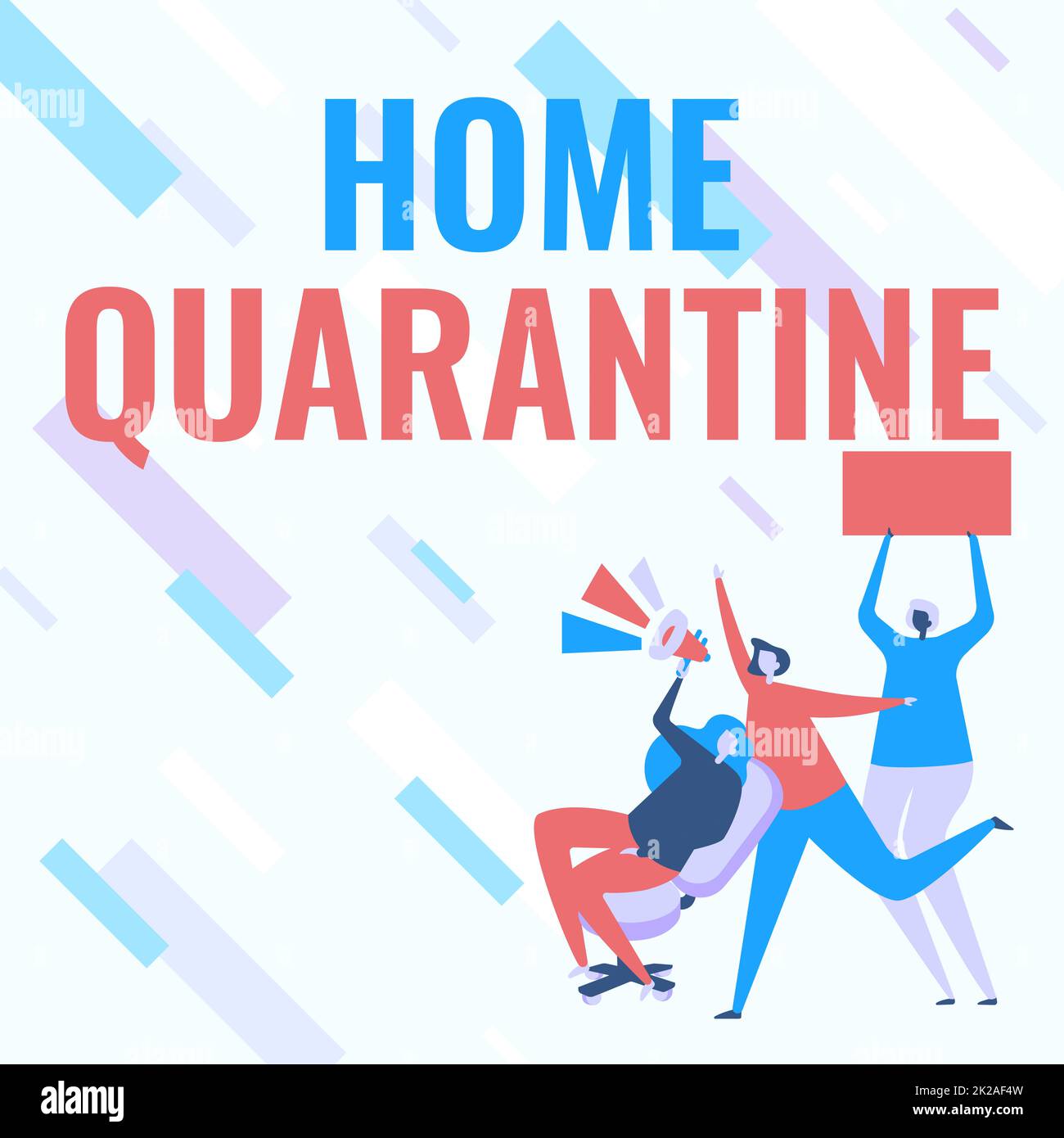 Konzeptionelle Überschrift Home Quarantine. Das Wort, das auf geschrieben wurde, fand eine mögliche öffentliche Entdeckung für eine Beobachtungsfrau, die sitzende Megaphone hält, die eine Ankündigung machte. Stockfoto