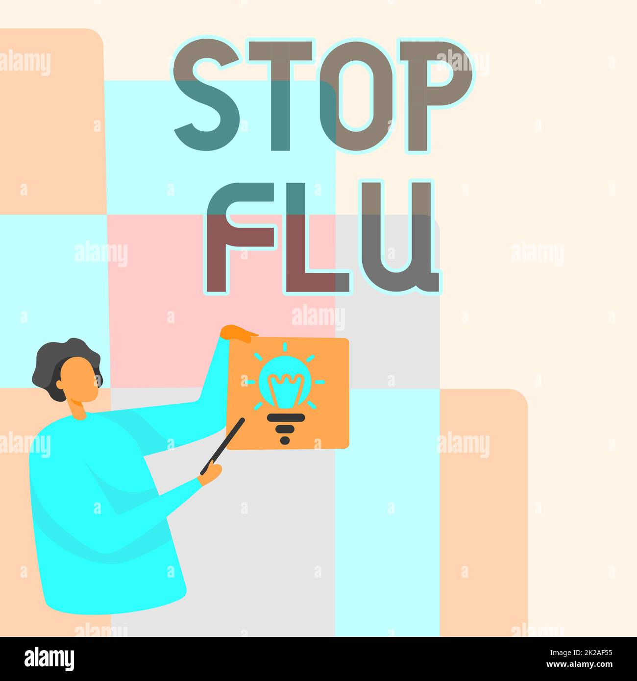 Textzeichen mit „Grippe stoppen“. Geschäftsübersicht behandeln Sie die ansteckende Atemwegserkrankung durch Influenza-Virus Mann Stehendes Papier mit glühender Glühbirne beim Zeigen des Stiels. Stockfoto