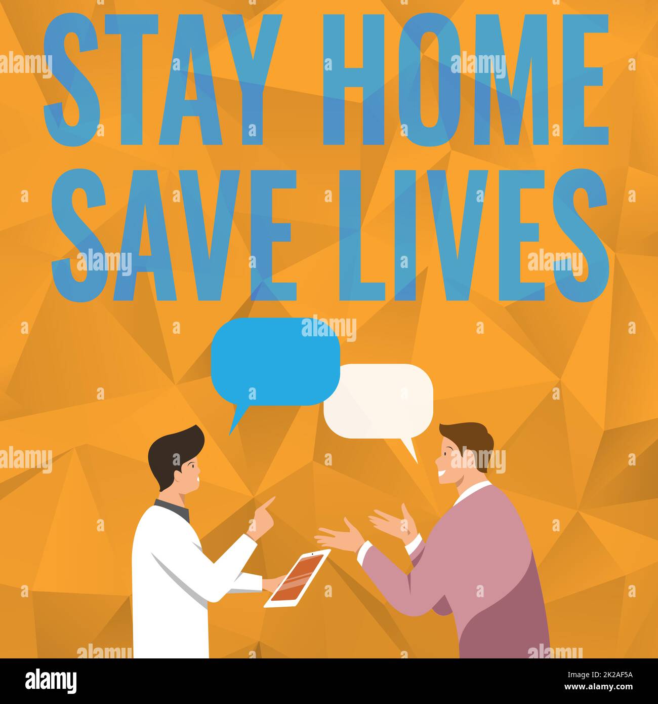 Handschrift Text Stay Home Save Lives. Wort geschrieben auf verringert die Anzahl der infizierten Patienten, indem sie das Haus nicht verlassen zwei Männer Kollegen stehen Teilen Gedanken zusammen mit Sprache Bubbles Stockfoto