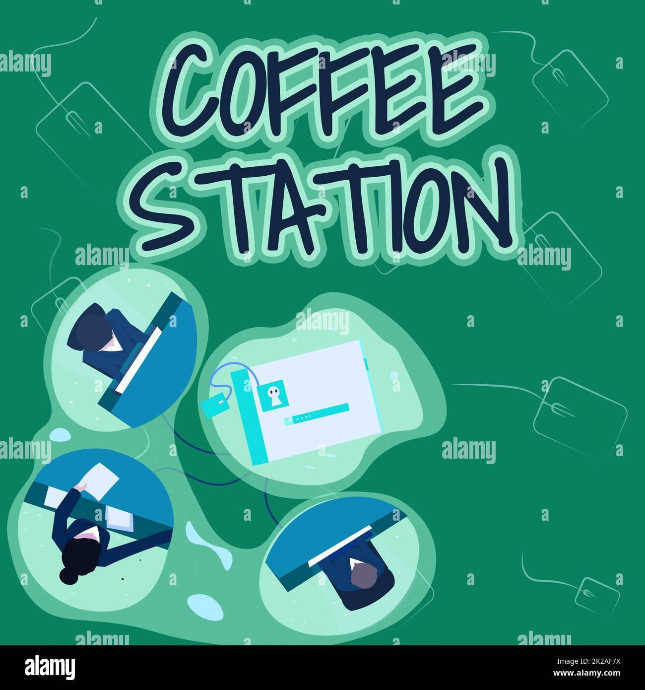 Inspiration mit Schild „Coffee Station“. Konzept bedeutet ein kleines Restaurant in ungezwungener Atmosphäre, in dem heiße Getränke serviert werden. Kollegen, die eine Office-Besprechung abhalten, teilen ihre Gedanken und zeigen einen neuen Projektplan. Stockfoto