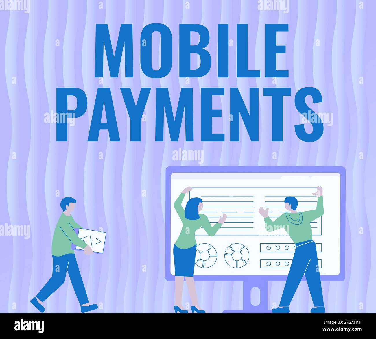 Text mit Inspiration Mobile Payments. Geld für ein Geschäftskonzept, das über ein elektronisches Gerät gezahlt wurde. Kollegen, die neben dem Tisch stehen, zeichnen das Projektionsdiagramm Stockfoto