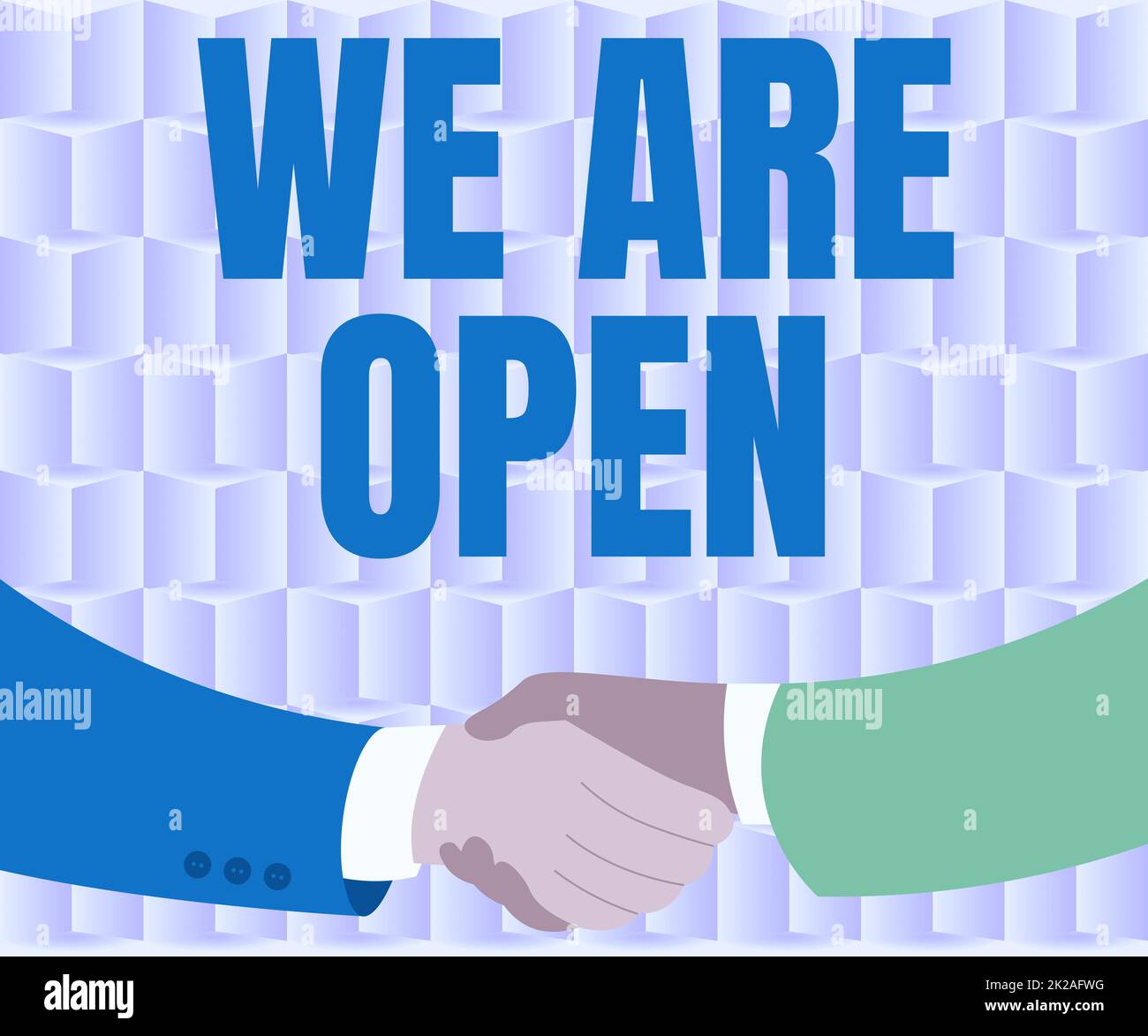 Handschrifttext Wir sind offen. Business zeigt keine umschließende oder einschließende Barriere, von allen Seiten zugänglich Two Men Drawing mit Papierhintergrund Shake Hands Presentation Agreement Stockfoto