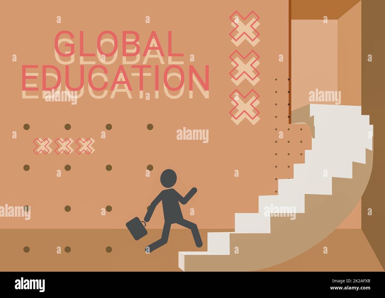 Text mit Inspiration Global Education. Konzept bedeutet interdisziplinären Lernansatz Konzepte notwendig Gentleman im Anzug läuft auf einer großen Treppe und zeigt Fortschritt. Stockfoto
