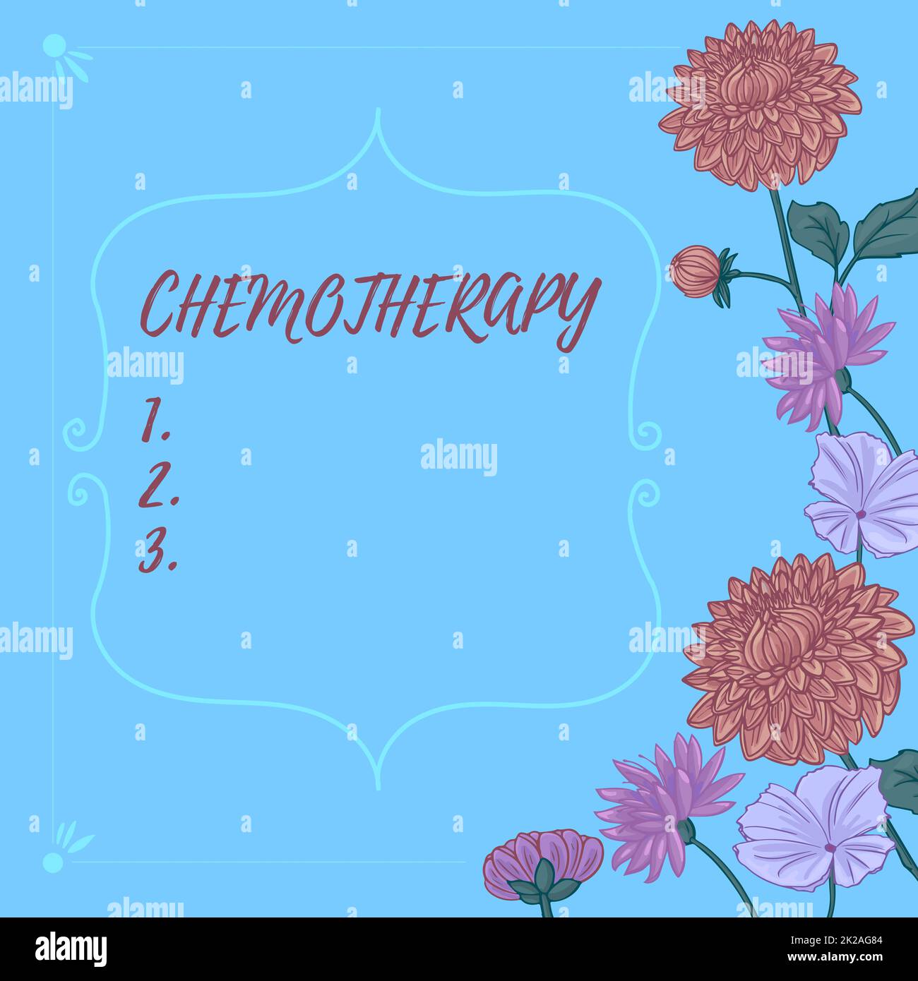 Konzeptionelle Bildunterschrift Chemotherapie, Geschäftsidee die Behandlung von Krankheiten durch den Einsatz chemischer Substanzen Textrahmen umgeben von sortierten Blumen Stockfoto