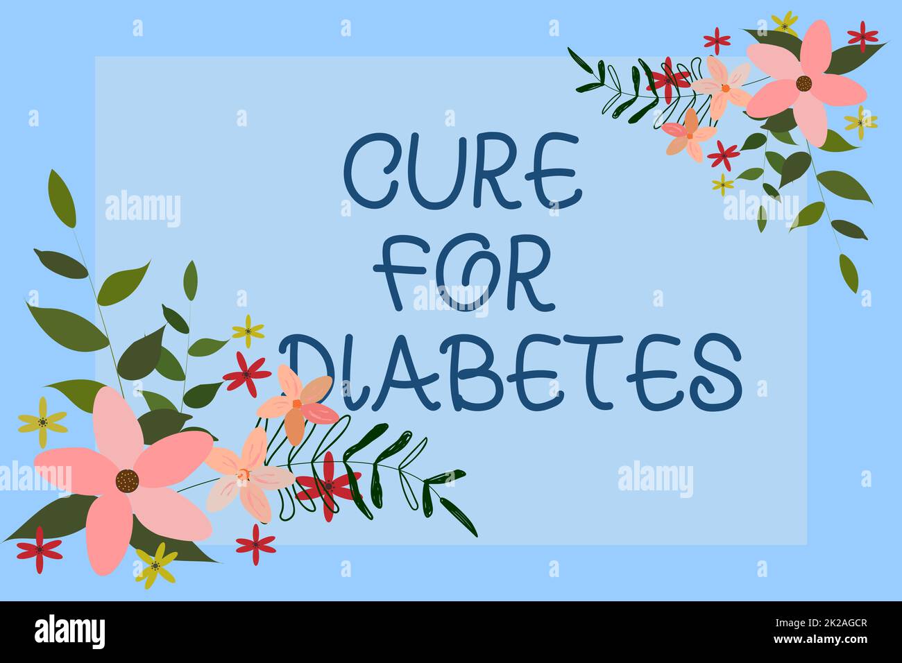 Konzeptionelle Bildunterschrift Heilung für Diabetes, Geschäftsansatz auf der Suche nach Medikamenten durch insulinunabhängigen Textrahmen umgeben von verschiedenen Blumen Er Stockfoto