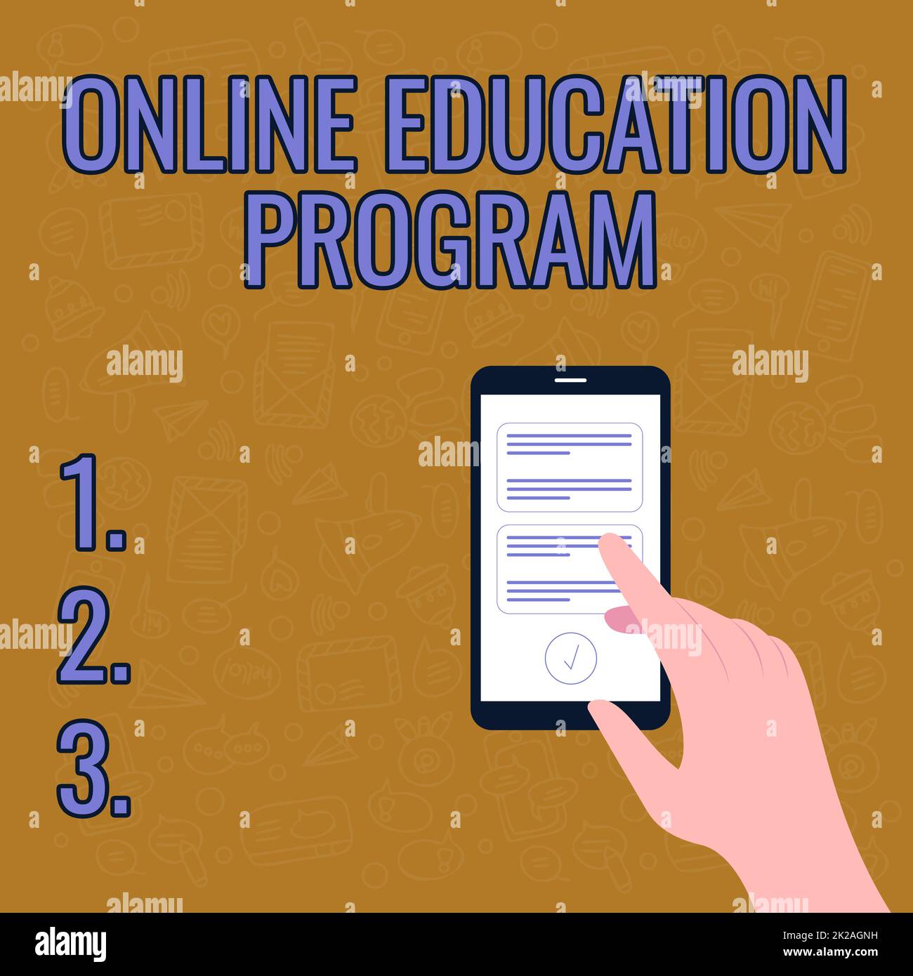 Konzeptunterschrift Online Education Program, Internet Concept Software Development and programming courses Illustration of Hand using Smart Phone Text Stockfoto
