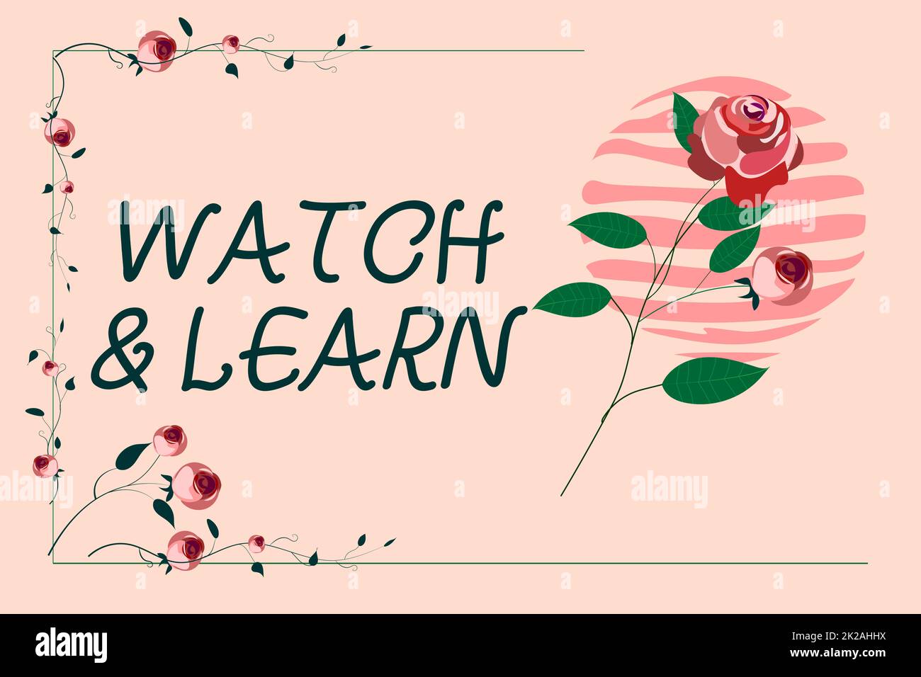 Textunterschrift mit „Watch and Learn“, „Business Approach“, der eine Aktion oder Ideen zur Vorgehensweise vorführt, Textrahmen, umgeben von verschiedenen FL-Motiven Stockfoto