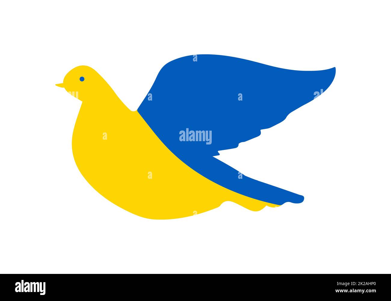 Die fliegende Taube symbolisiert das freie Land der Ukraine. Das Konzept ist ein flatternder Vogel, der in den Farben der ukrainischen Nationalflagge gemalt ist. Symbol der Unabhängigkeit. Vektordarstellung auf weißem Hintergrund. Stockfoto