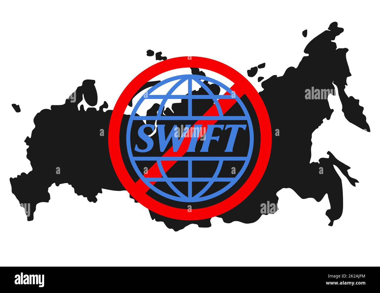 Ukraine, Rivne – Februar 27 2022: Logo des SWIFT-Finanzsystems unter rotem Verbotsschild mit russischer Karte im Hintergrund. Sanktionen gegen Russland und Trennung von SWIFT durch den Krieg. Stockfoto