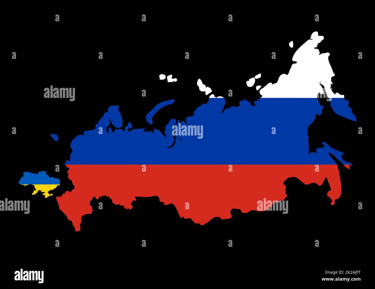 Großes Russland gegen kleine Ukraine. Vergleichen Sie die Größen der Länderkarte auf der Weltkarte. Grenzen Russlands und der Ukraine. Darstellung der Grenzen der Kriegsmöglichkeit. Russland begann einen massiven Angriff auf die Ukraine. Stockfoto