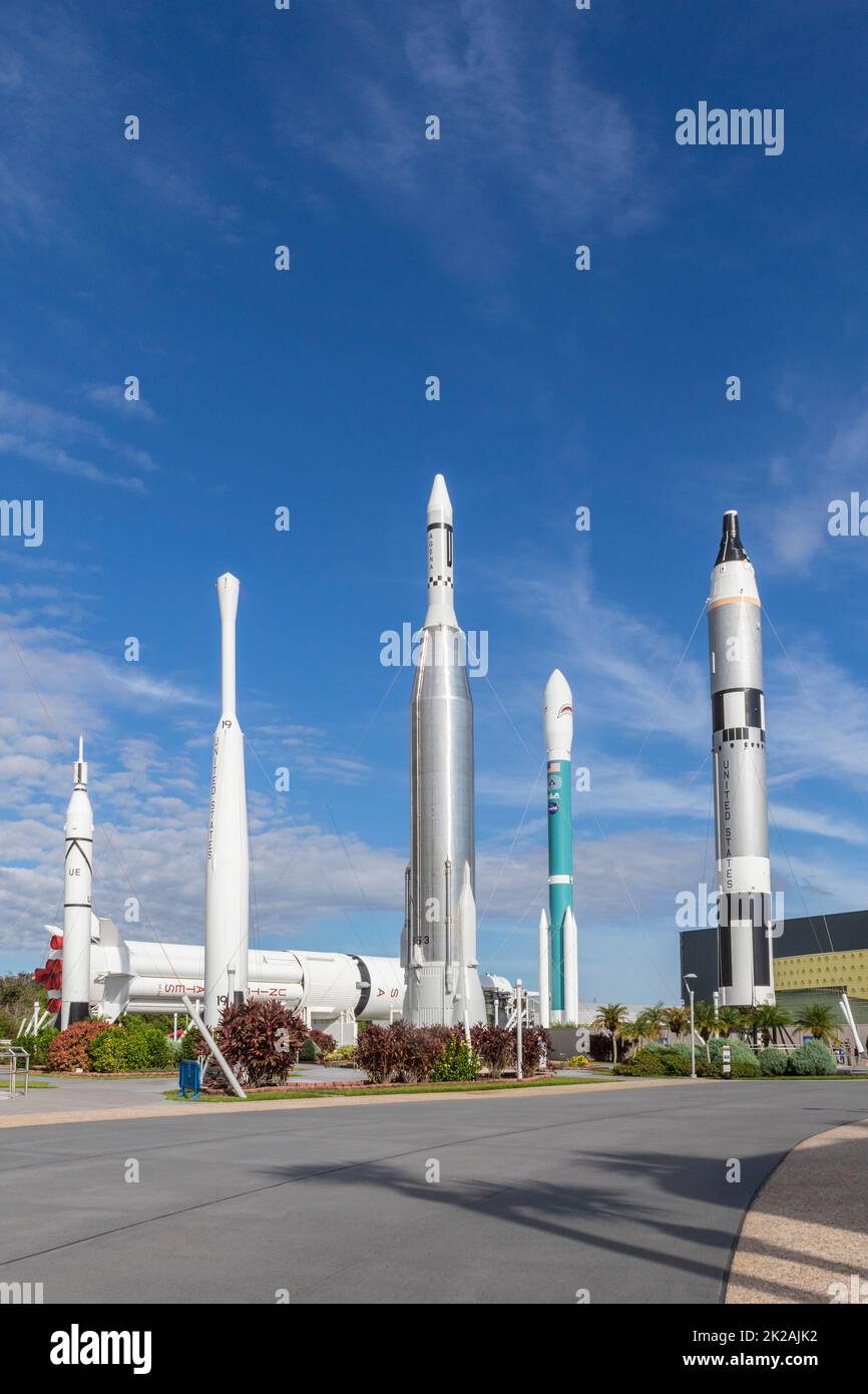 „Rocket Garden“ im Kennedy Space Center Visitor Complex in Florida. Stockfoto