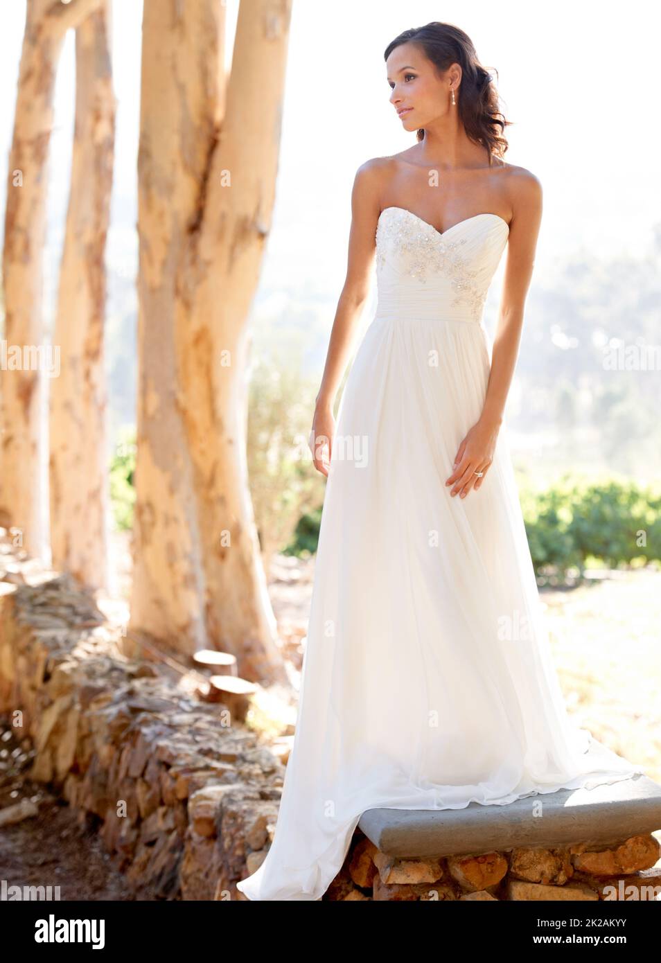 Natürliche Braut. Eine junge Braut posiert in ihrem Hochzeitskleid im Freien. Stockfoto