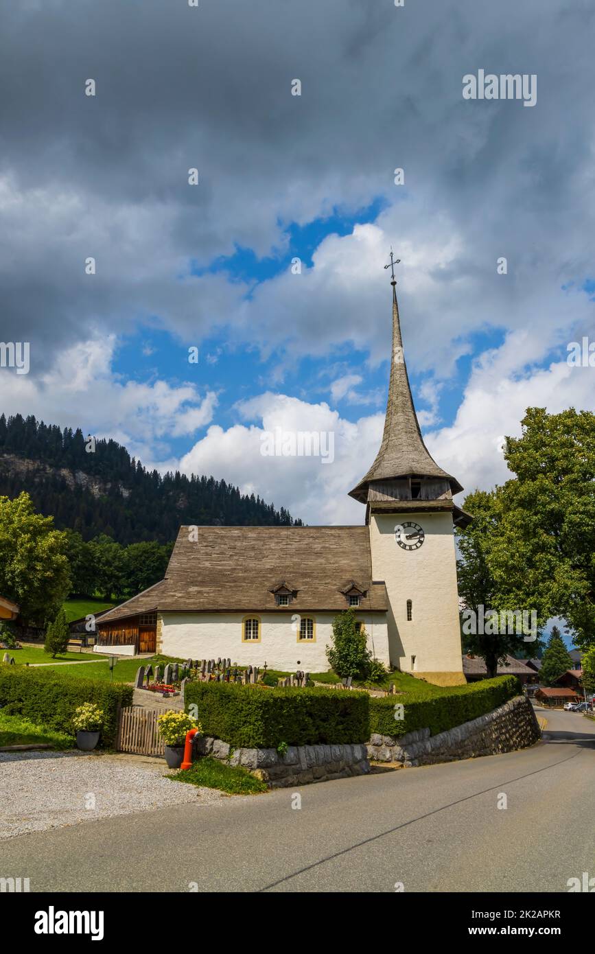 Kirche in Gsteig bei Gstaad, Kreis Obersimmental-Saanen, Verwaltungsregion Oberland, Schweiz Stockfoto