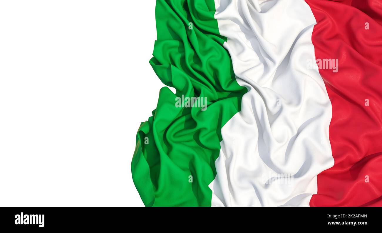 Italienische Flagge isoliert auf weißem Vorhang. Stockfoto