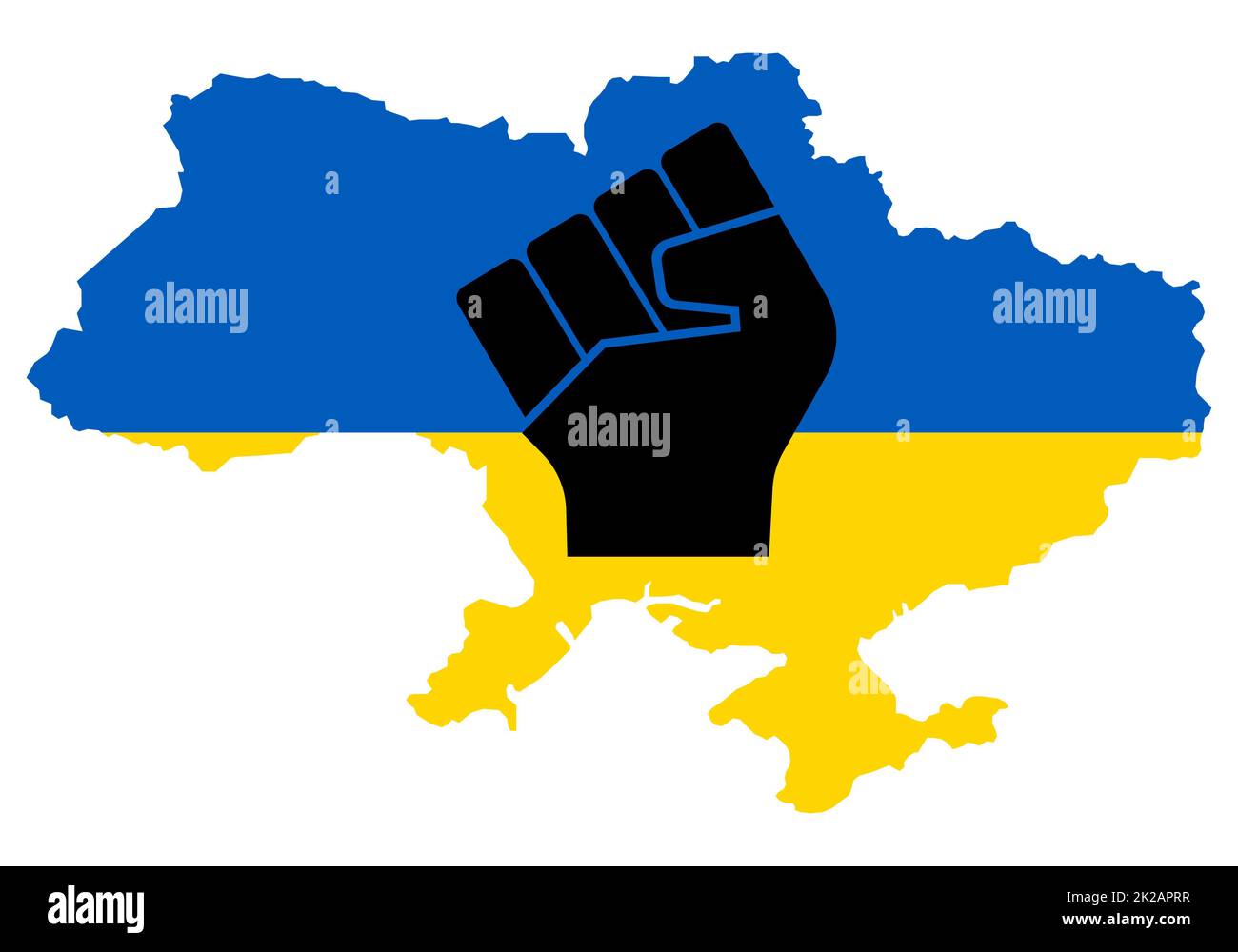 Starke Ukraine. Erhabene Faust auf der Karte in blau und gelb, ukrainische Nationalfarbe. Freiheit und Unterstützung der ukrainischen Nation. Patriotischer Geist - aufsteigende menschliche Hand. Beenden Sie den Krieg zwischen Russland und dem Frieden in der Ukraine. Stockfoto