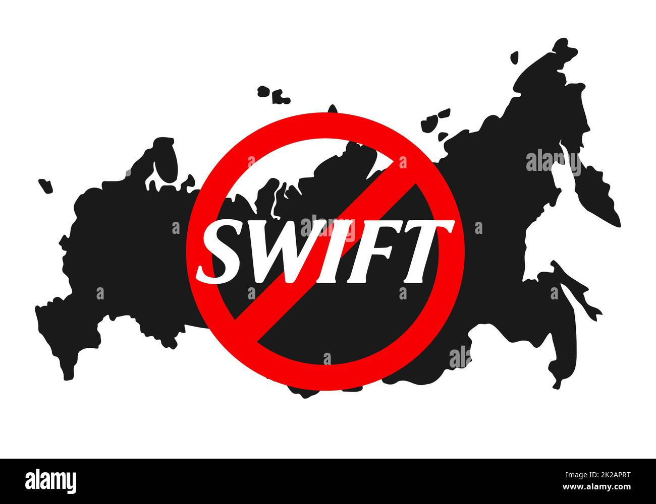Verbotener Swift-Text für das Finanzsystem unter rotem Verbotsschild mit russischer Karte im Hintergrund. Sanktionen gegen Russland und Abkehr von der Schnelligkeit durch den Krieg gegen die friedliche Ukraine. Stockfoto