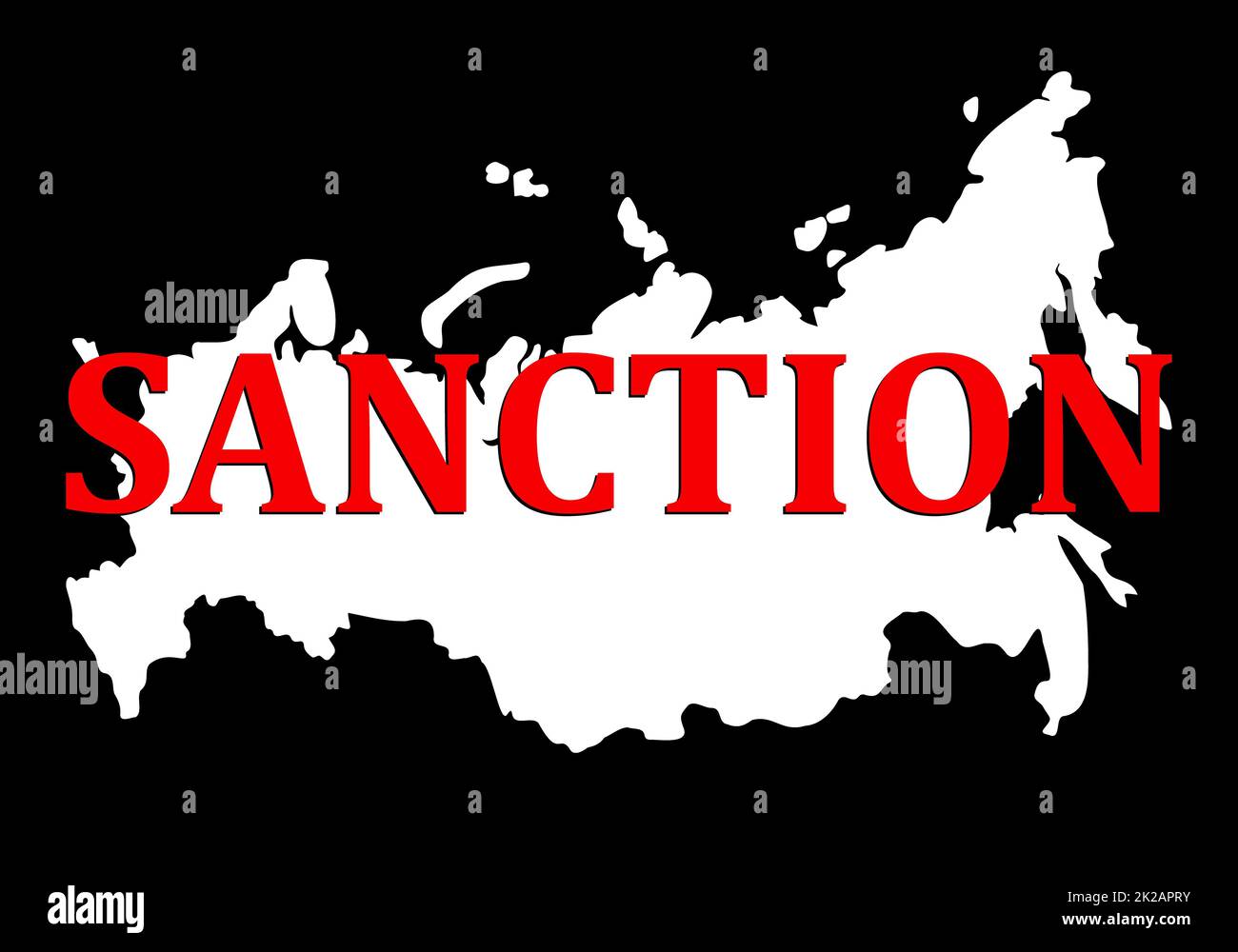 Sanktionen gegen Russland. Silhouette der Karte der russischen Föderation mit roter Text-Sanktion. Zusammenbruch und Zerstörung des Staates aufgrund von Putins Herrschaft und Angriffen auf ein Nachbarland - die Ukraine. Stockfoto