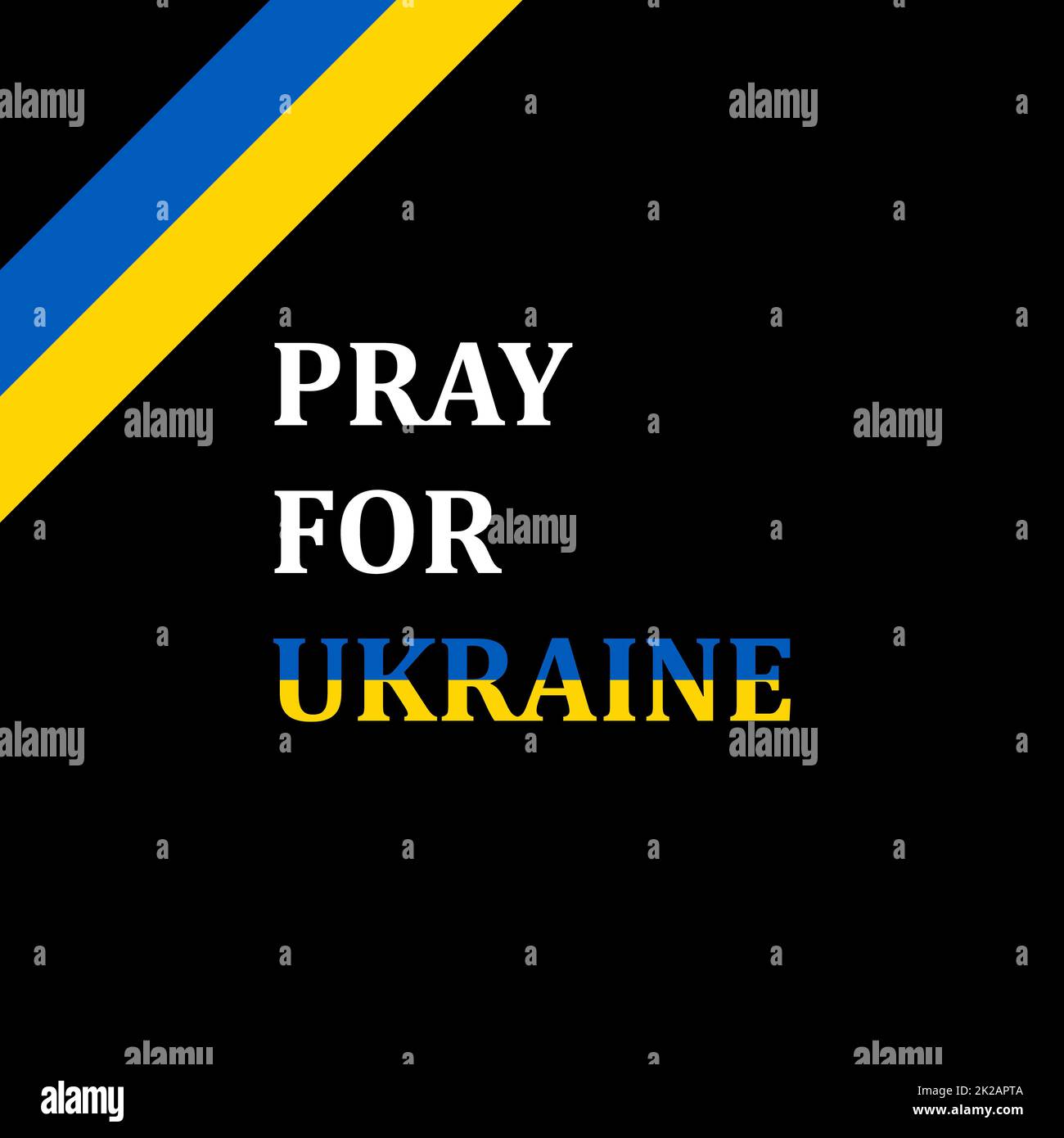 Vektor-Illustration des Gebets für die Ukraine. Das Konzept rettet die Ukraine vor Russland und beendet den Krieg. Ukrainisches Band in Farbe der Flagge. Bete für den Frieden in der Ukraine. Die ganze Welt betet für die Ukraine. Stockfoto