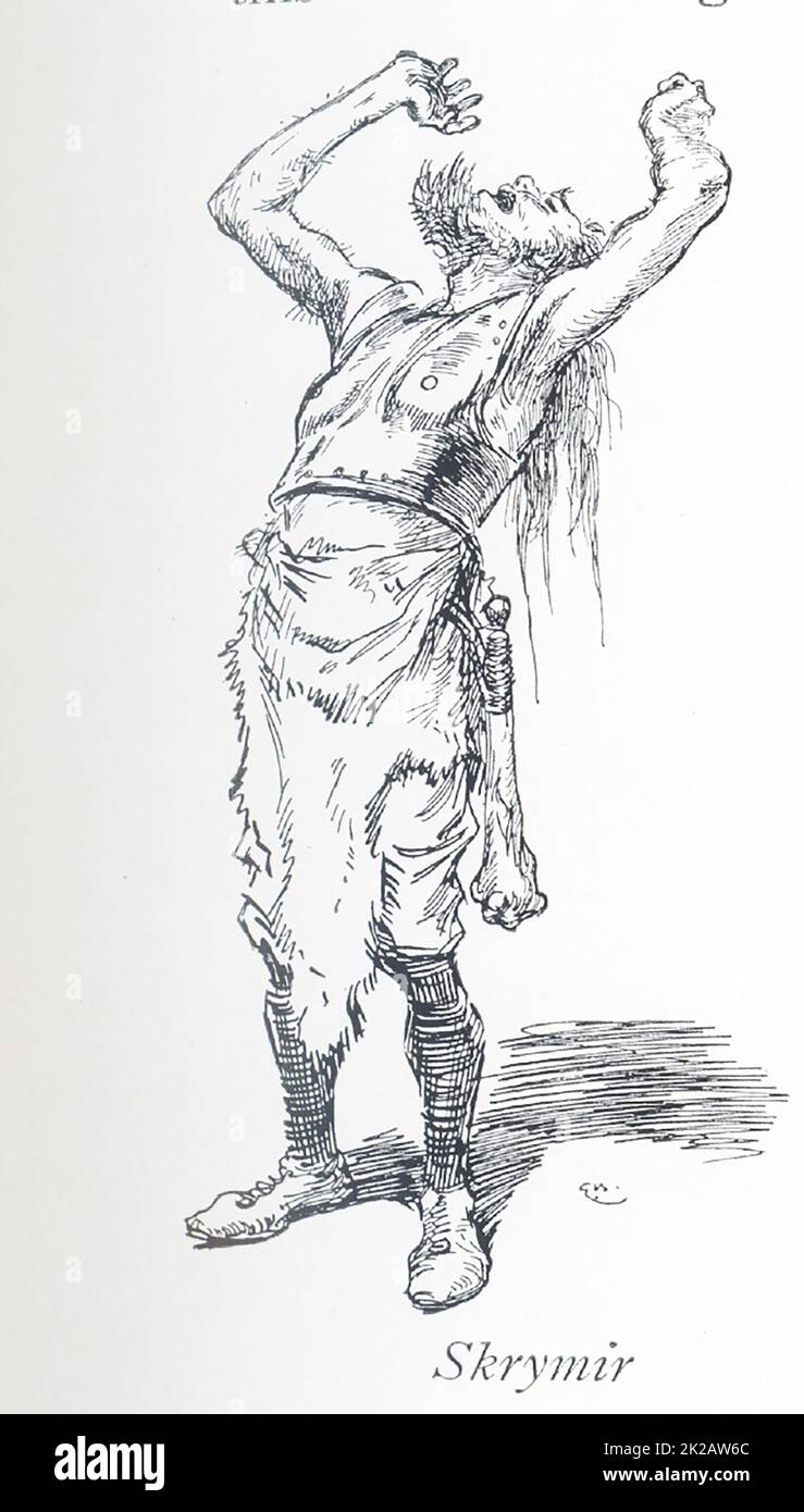 In der skandinavischen (nordischen) Mythologie ist Skrymir ein sehr großer Riese, und Skrymir ist der stärkste und listigste der Riesen. Skrymir lebt in Utgard, in Jotumheim. Diese Abbildung stammt aus dem Jahr 1913. Stockfoto