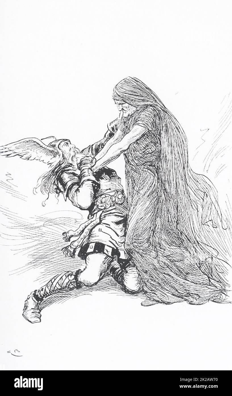 In der skandinavischen (nordischen) Mythologie war die alte Frau, die Thor besiegen konnte, als Elli bekannt. Sie war eine der Dienerinnen von Utgarda-Loki, die in Jotunheim, dem Land des Riesen, lebte. Thor war der gott des Donners und somit der gott der Macht und des Krieges. Als Sohn Odins hatte er einen magischen Hammer namens Mjollnir, der zu ihm zurückkehrte, einen Gürtel voller Kraft und eiserne Handschuhe. Diese Abbildung stammt aus dem Jahr 1913. Stockfoto