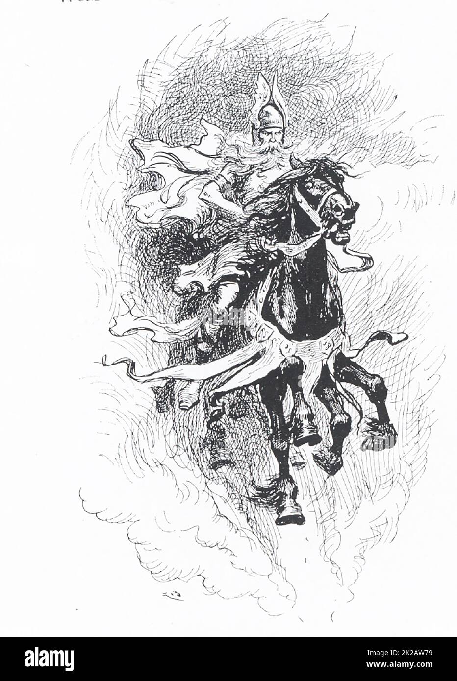 In dieser Illustration von 1913 hat Odin Sleipner, sein achtbeiniges Pferd, bestiegen. In der skandinavischen (nordischen) Mythologie war Odin einer der Hauptgötter und Herrscher von Asgard (dem Land oder der Hauptstadt der nordischen Götter). Er wird oft mit zwei Raben, Hugin (auch Huginn - und bedeutet "Gedanke") und Munin (auch Muninn und bedeutet "Erinnerung") und zwei Wölfen, Geri und Freki (beide bedeuten "gierig" oder gierig"), abgebildet. Diese Abbildung stammt aus dem Jahr 1913. Stockfoto