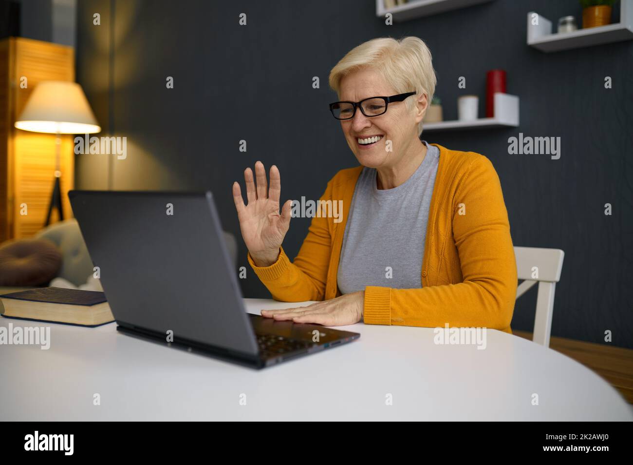 Alte Frau mit Videokonferenz auf Laptop Stockfoto