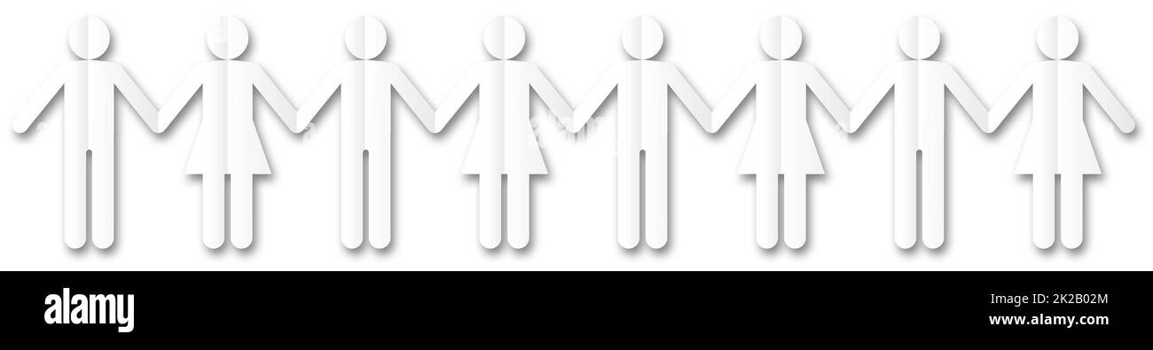 Menschliches Papier schneidet die Figuren in einer Linie - abstrakte Konzeptgrafik für Teamarbeit - Männer und Frauen in Weiß mit Schatten auf weißem Hintergrund Stockfoto