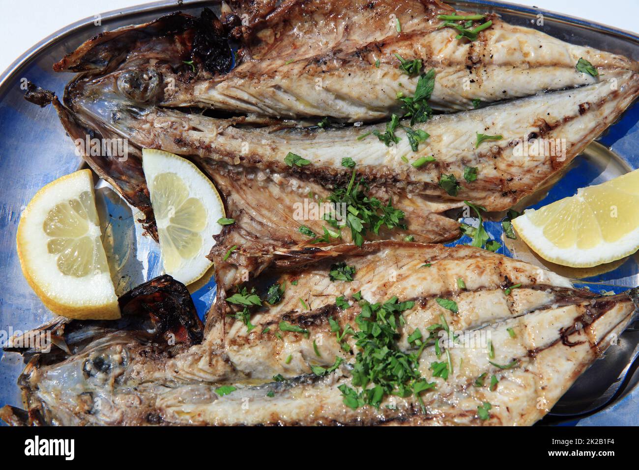 Frisch gegrillte Makrele mit Zitrone und Kräuter. Portugal Stockfoto