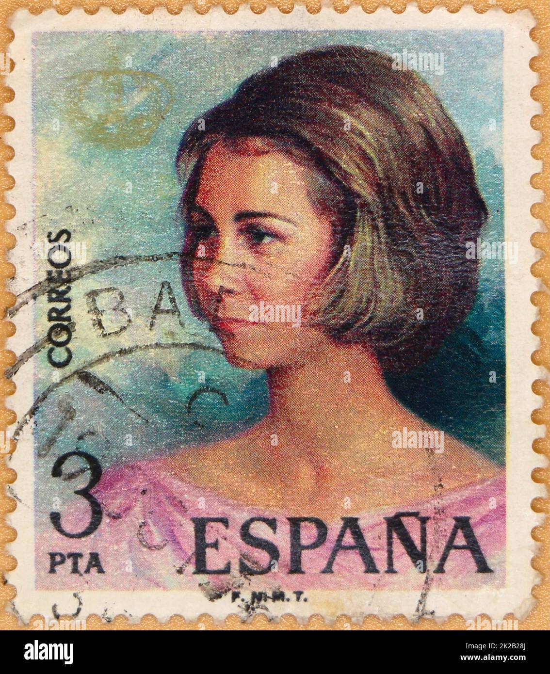 Foto einer spanischen Briefmarke mit 3 Peseten und einem Bild der Königin Sofía von Spanien aus dem Jahr 1975, als der König von Spanien ausgerufen wurde Stockfoto