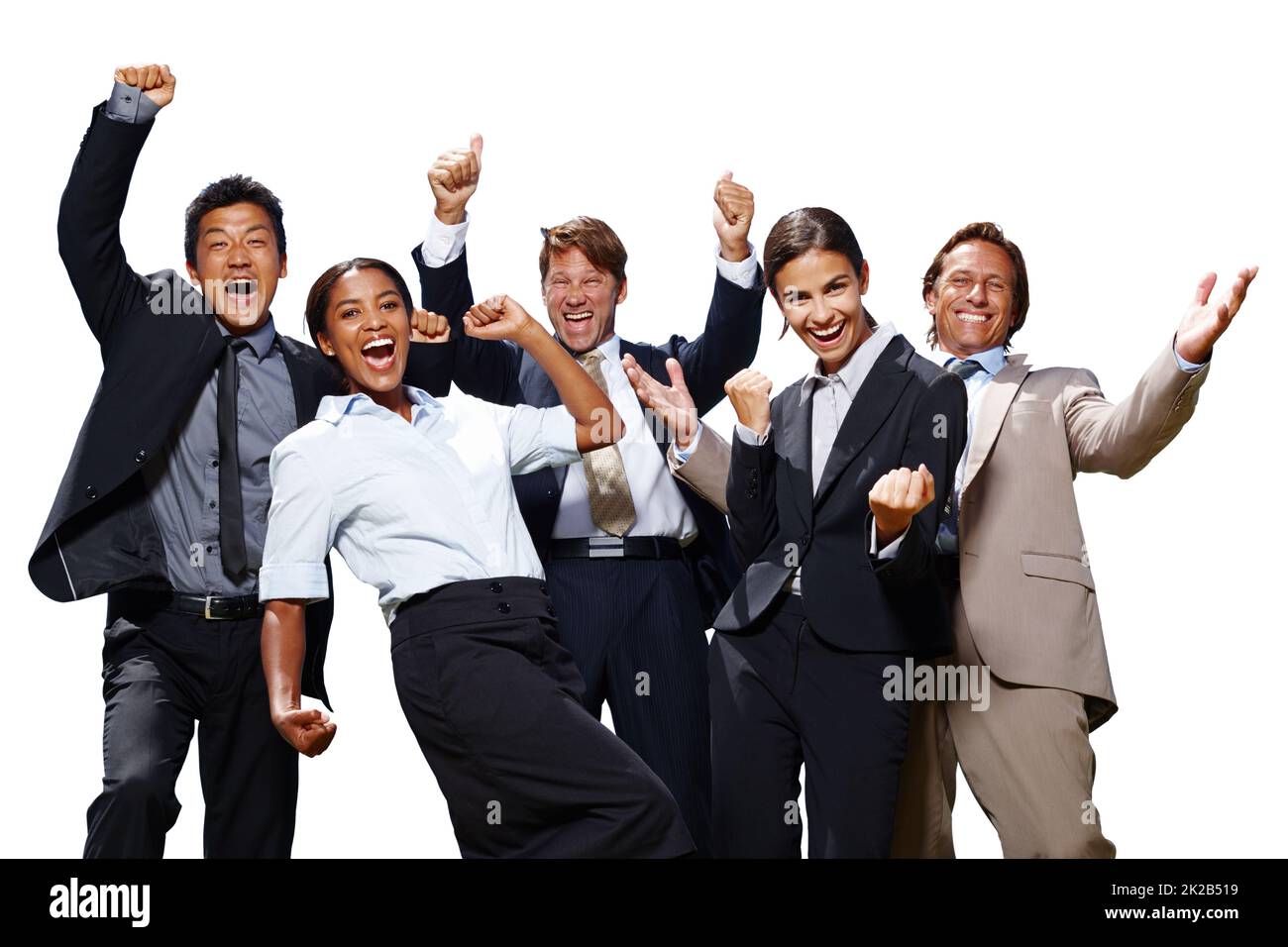 Dieses Gefühl des Erfolgs. Aufnahme einer Gruppe von Geschäftsleuten, die aufgeregt mit den Händen in der Luft auf weißem Hintergrund agieren. Stockfoto