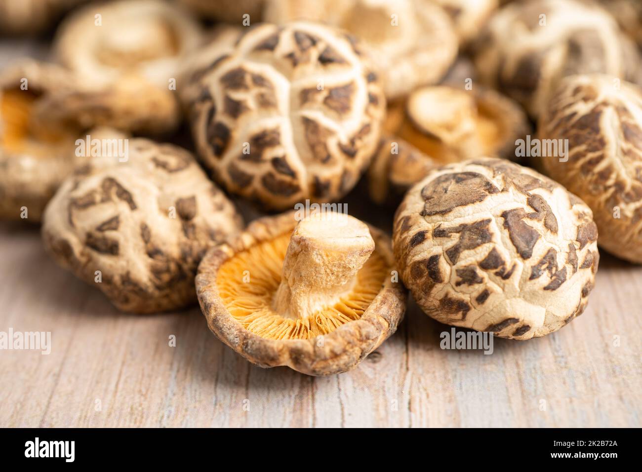 Getrockneter Shiitake-Pilz auf Holzgrund. Gesunde Ernährung. Stockfoto