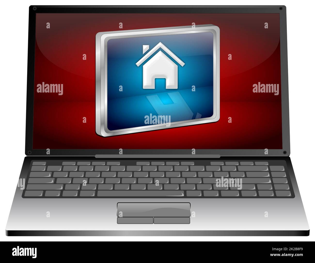 Laptop-Computer mit blauer Home-Taste auf rotem Desktop – 3D-Abbildung Stockfoto