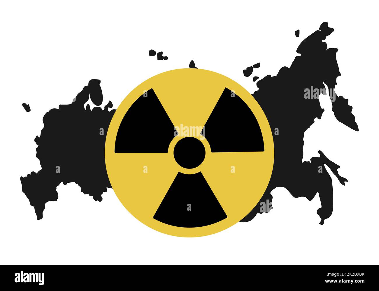 Kernwaffen stoppen - Konzeptbanner. Atombombenzeichen auf der Karte russlands. Russische Massenvernichtungswaffen dürfen nicht eingesetzt werden. Stoppt den Krieg in der Ukraine und auf der Erde. Vektordarstellung. Stockfoto