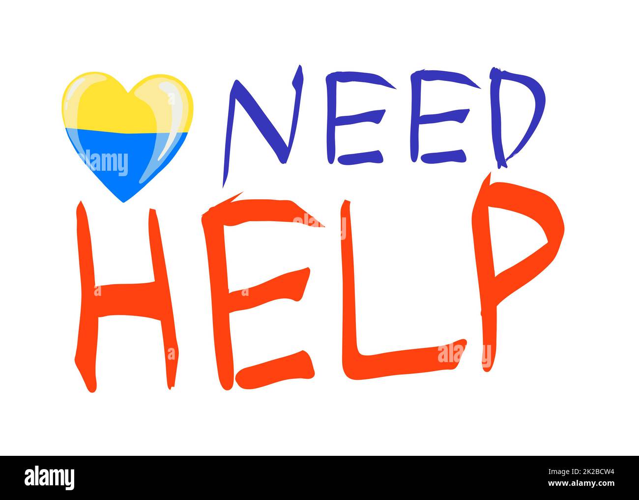 Die Inschrift in den Nationalfarben der Ukraine. Vektordarstellung zur Unterstützung der Ukraine. Gelb-blauer Hintergrund, T-Shirt-Druck. Konzept, um den Krieg zu stoppen. Schriftzug Ich brauche Hilfe. Stockfoto