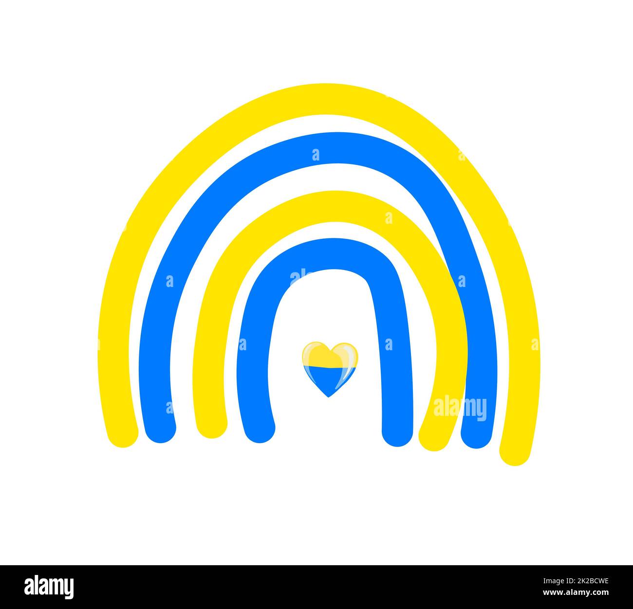 Regenbogen in den Nationalfarben der Ukraine. Vektor-Illustration zur Unterstützung der Ukraine. Gelb-blauer Regenbogen, T-Shirt-Print. Stoppen Sie das Kriegskonzept. Stockfoto