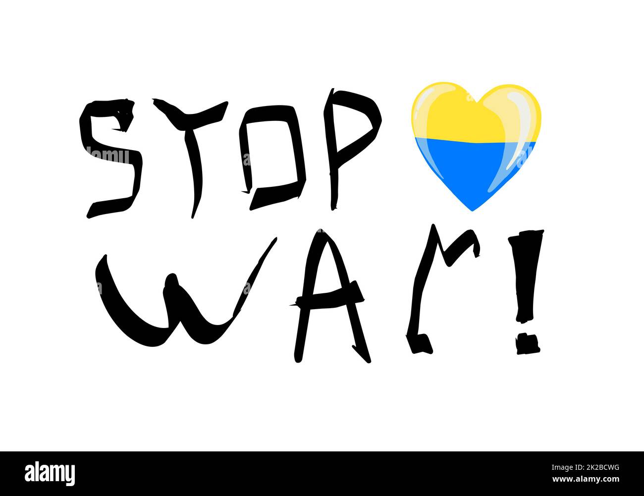 Die Inschrift in den Nationalfarben der Ukraine. Vektordarstellung zur Unterstützung der Ukraine. Gelb-blauer Hintergrund, T-Shirt-Druck. Konzept, um den Krieg zu stoppen. Die Inschrift stoppt den Krieg. Stockfoto