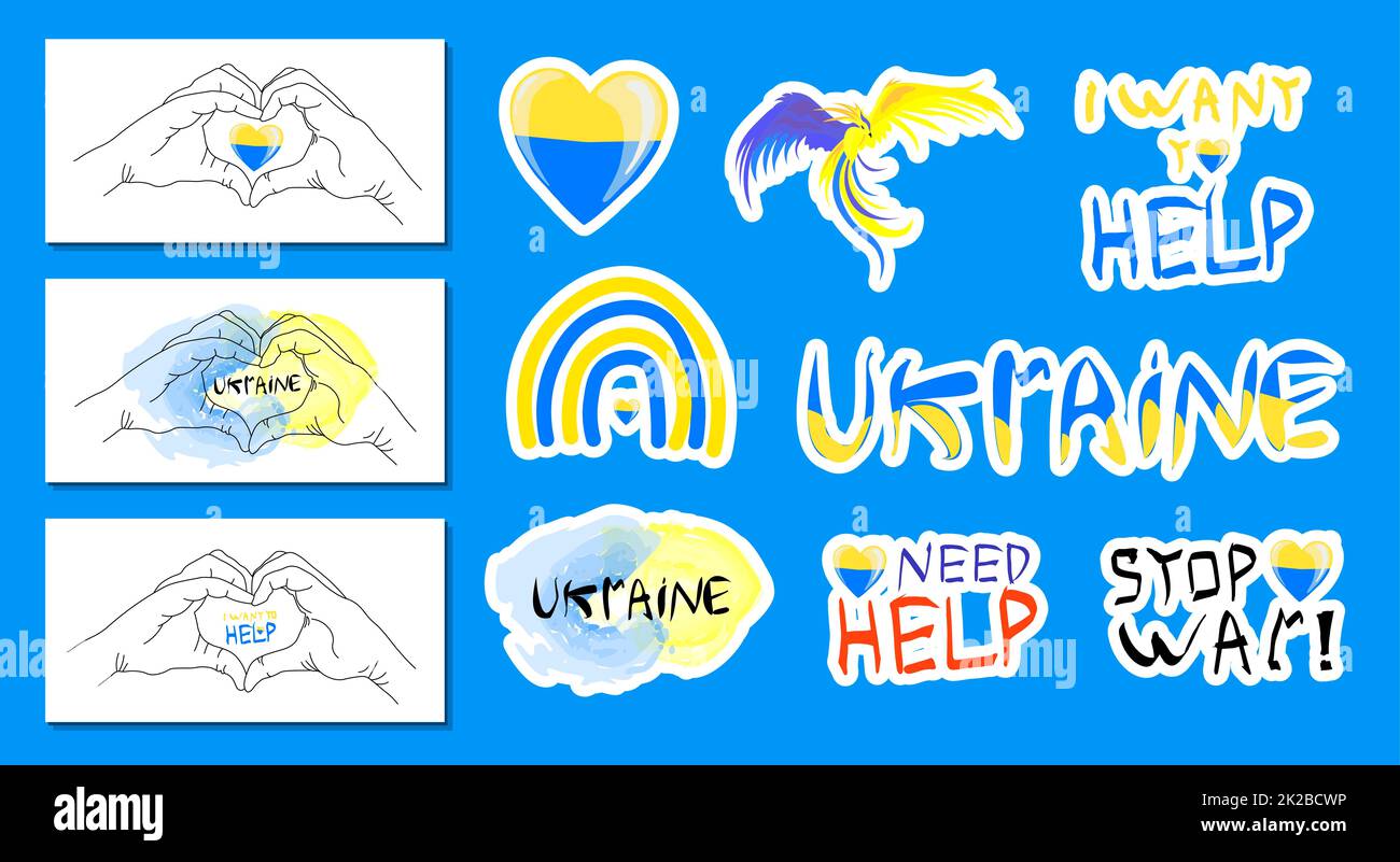 Bleiben Sie in der Ukraine. Vektor-Aufkleber zur Unterstützung der Ukraine. Gelb-blaues Herz, T-Shirt-Print. Das Konzept der Krieg zu stoppen. Stockfoto