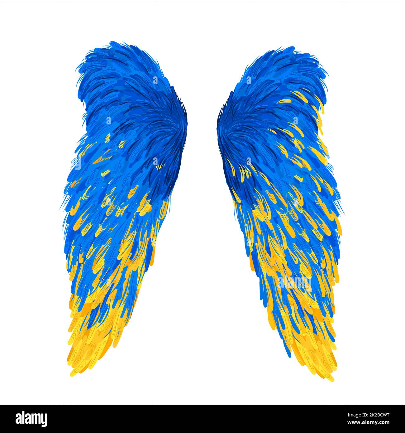 Flügel in den Nationalfarben der Ukraine. Vektordarstellung zur Unterstützung der Ukraine. Gelbe und blaue Engelsflügel, T-Shirt-Druck. Konzept, um den Krieg zu stoppen. Die Inschrift stoppt den Krieg. Stockfoto