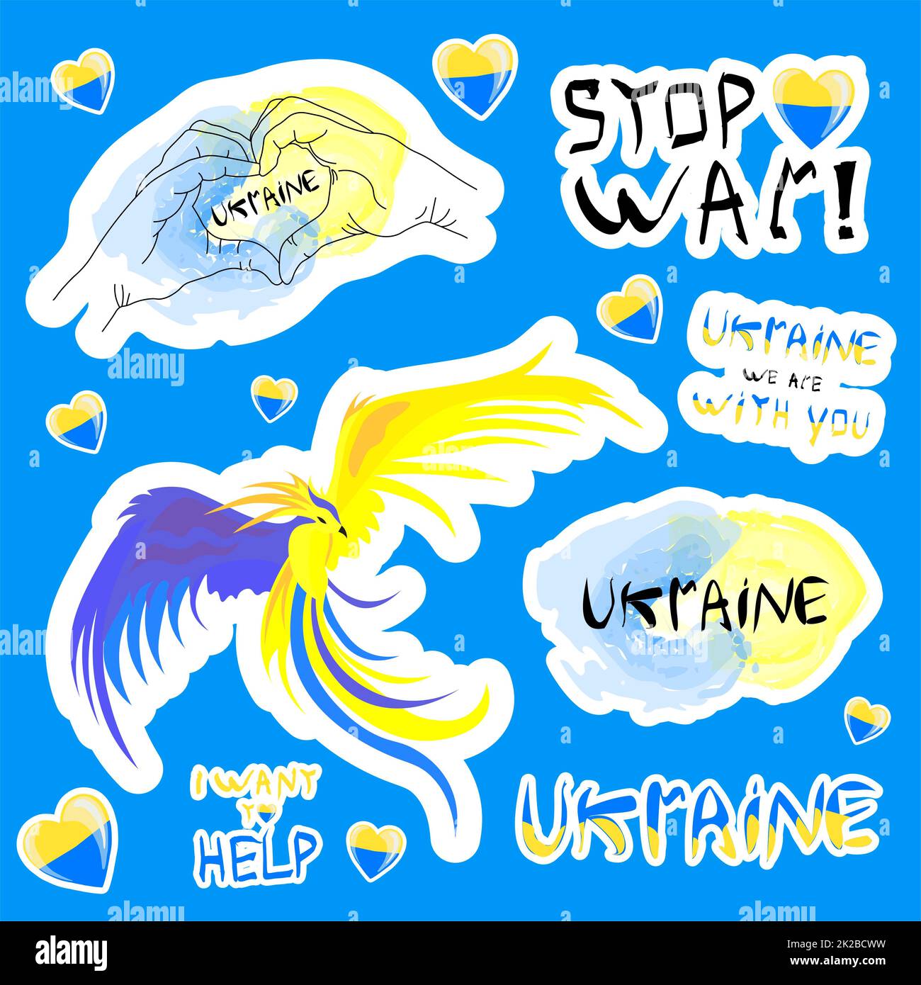 Bleiben Sie in der Ukraine. Vektor-Aufkleber zur Unterstützung der Ukraine. Gelb-blaues Herz, T-Shirt-Print. Das Konzept der Krieg zu stoppen Stockfoto