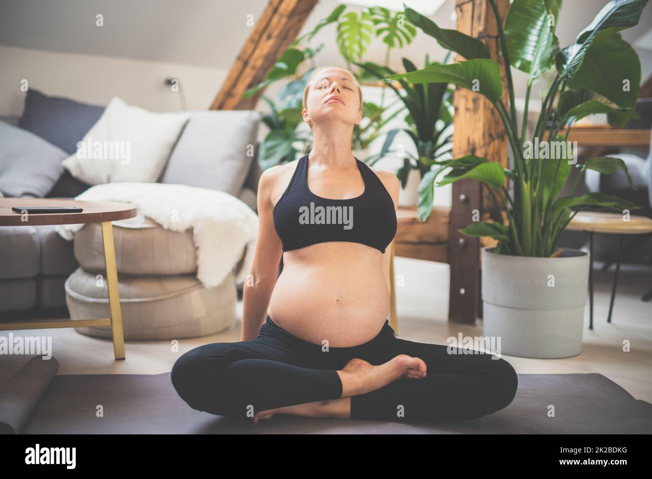 Junge schöne Schwangerin, die zu Hause in ihrem Wohnzimmer Yoga trainiert. Mutterschaft, Schwangerschaft, gesunder Lebensstil und Yoga-Konzept Stockfoto