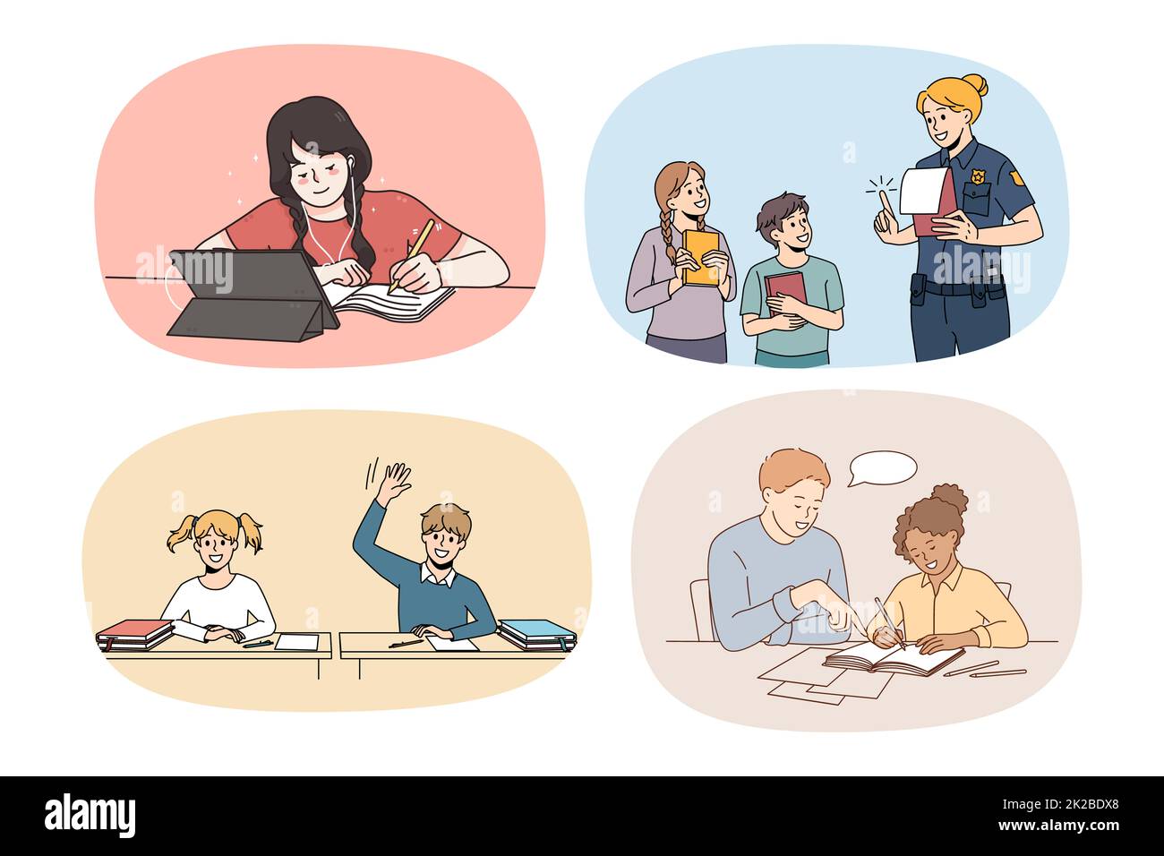 Set von Kleinkindern studiert online von zu Hause aus Stockfoto Set von Kleinkindern studiert online von zu Hause aus Stockfoto