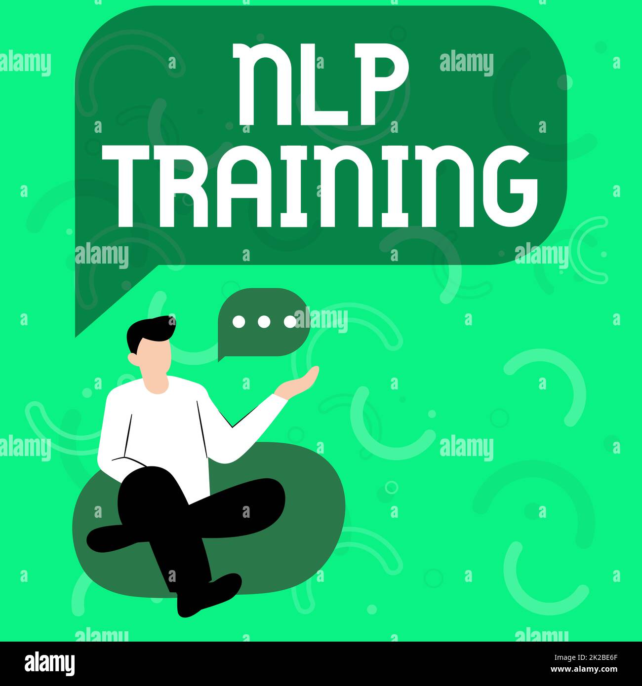 Schild mit NLP-Training, Business Showcase Wörter haben Macht Ansatz umfasst Seminar, Coaching, Schulung und Beratung Illustration des Geschäftsmannes Stockfoto