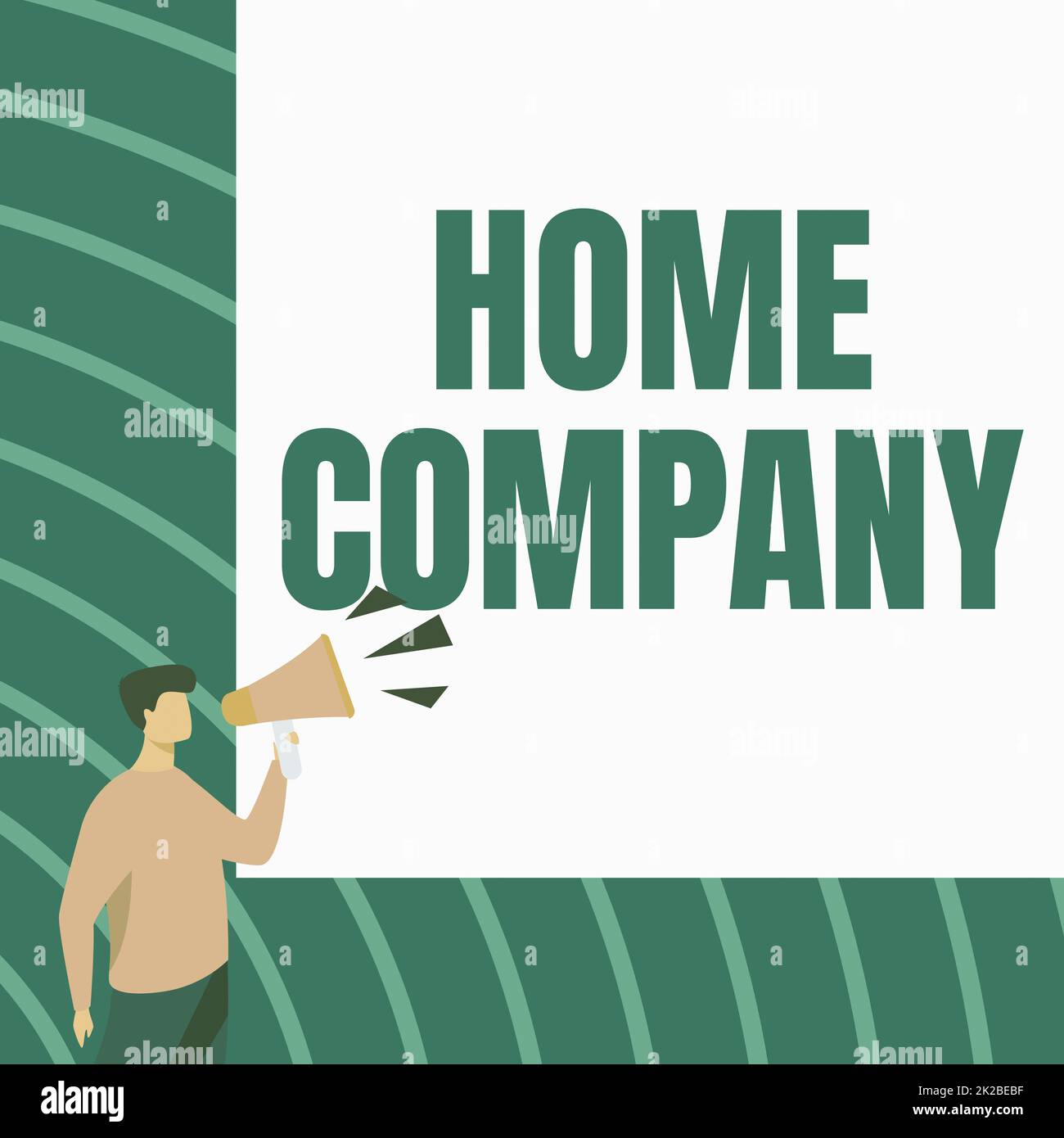 Schild Anzeige Home Company, Wort geschrieben über Aktivität oder Betrieb innerhalb eines Unternehmens, anstatt Outsourcing Geschäftsmann Zeichnung durch Megaph sprechen Stockfoto