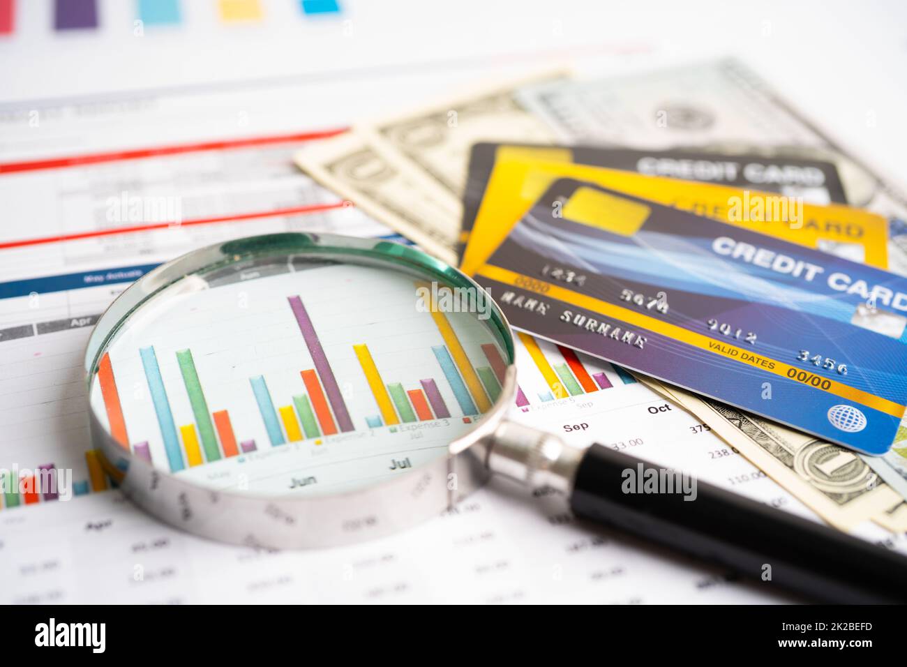 Kreditkarte auf Karten- und Diagrammpapier. Finanzentwicklung, Bankkonto, Statistik, Investment Analytic Research Data Economy, Börsenhandel, Unternehmenskonzept. Stockfoto