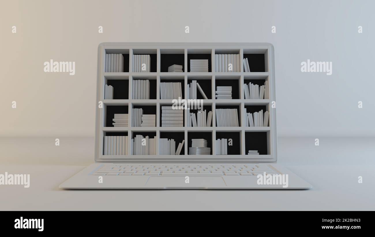 Bibliothek auf dem Computerbildschirm, 3D-Rendering mit weißem, grauem Hintergrund Stockfoto