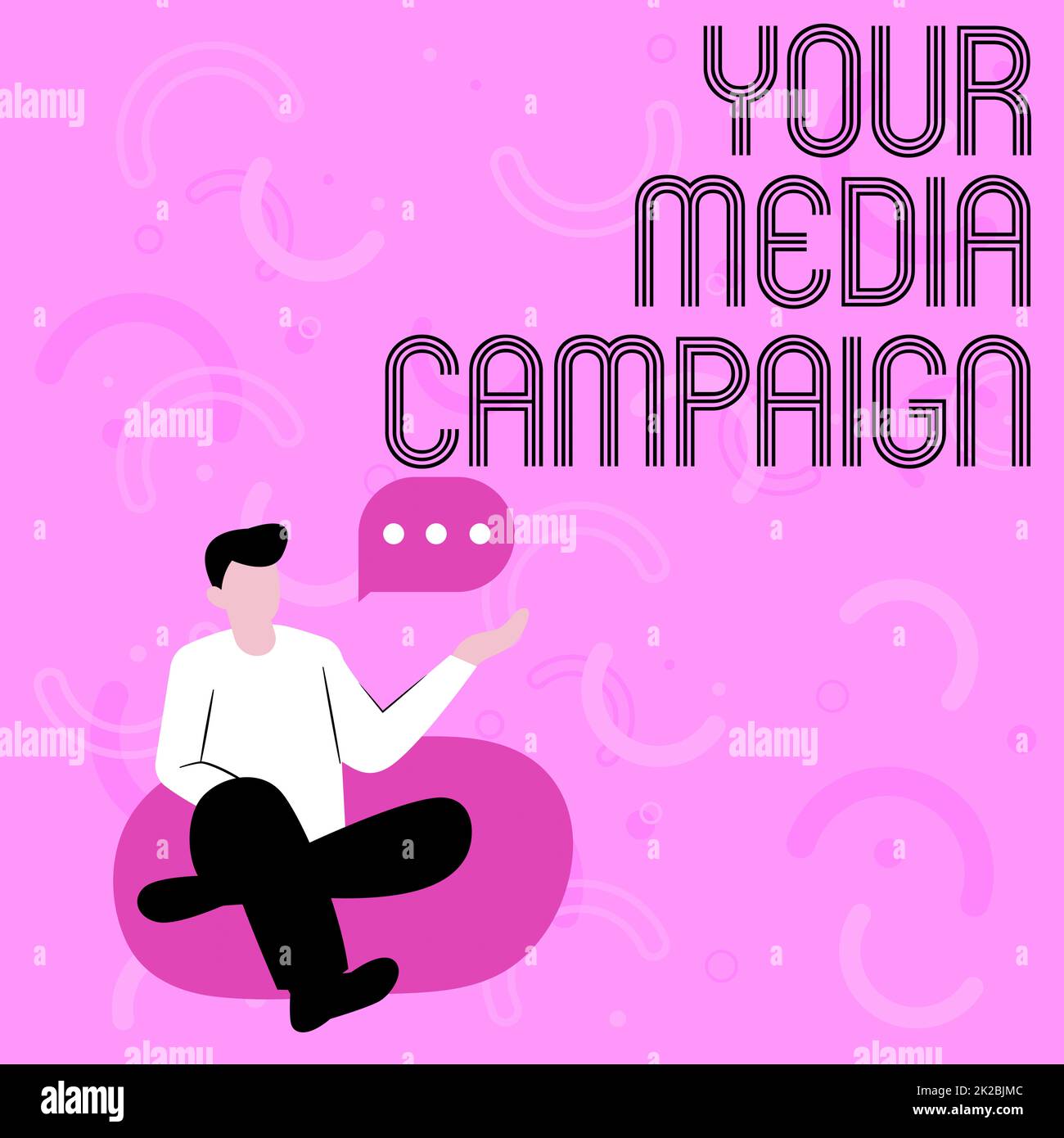 Textunterschrift präsentiert Ihre Medienkampagne, Wort geschrieben auf Werbegeschäft erfolgreiche Marketing-Strategien Illustration von Geschäftsmann sitzen Stockfoto