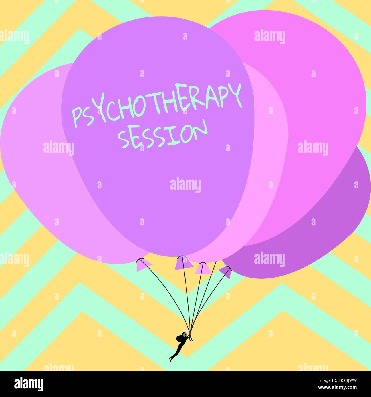Textunterschrift präsentiert Psychotherapie Session, konzeptuelle Fotoserie von Treffen in der Behandlung von psychischen Problemen Mann hält bunte Luftballons Dr Stockfoto